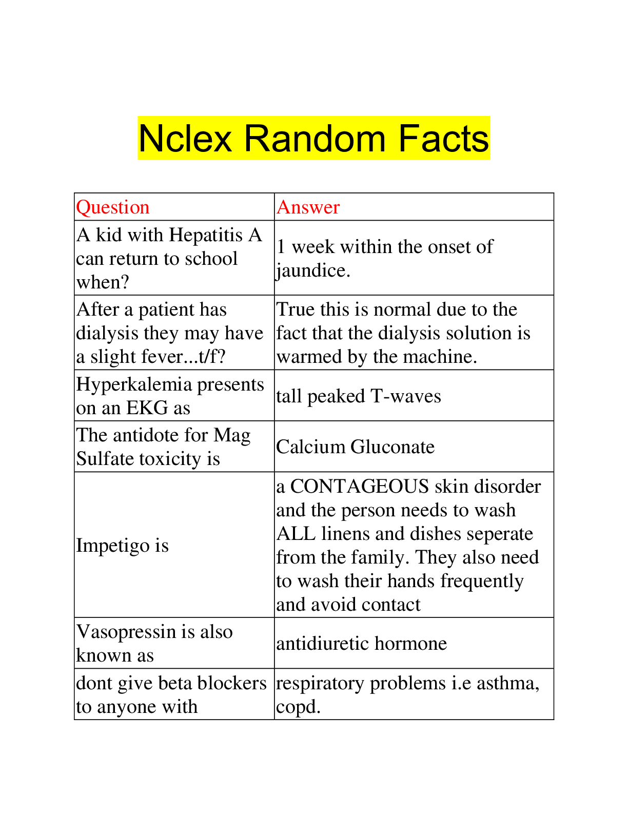 Preview image of Nclex Random Facts document